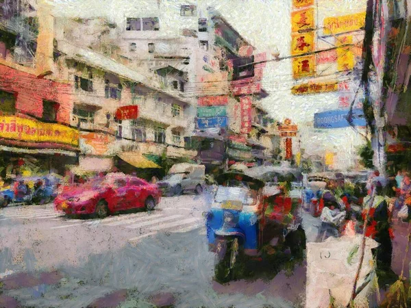 Chinatown Μπανγκόκ Εικονογραφήσεις Δημιουργεί Ένα Ιμπρεσιονιστικό Στυλ Ζωγραφικής — Φωτογραφία Αρχείου