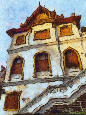 Antik Tayland mimarisi Illustrasyonları empresyonist bir resim tarzı yaratıyor.