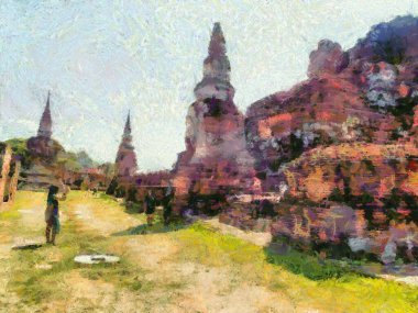 Ayutthaya Illustrations 'daki arkeolojik site empresyonist bir resim tarzı yaratıyor.