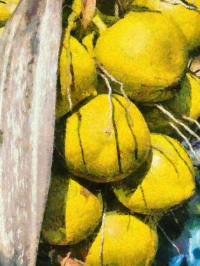 Hindistan cevizi ağaçları ve hindistan cevizi resimleri empresyonist bir resim tarzı yaratır..