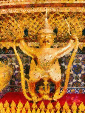 Phra Kaew Tapınağı ve Büyük Saray Bangkok İllüstrasyonları empresyonist bir resim tarzı yaratıyor..