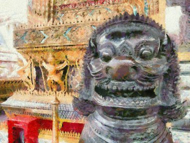 Phra Kaew Tapınağı ve Büyük Saray Bangkok İllüstrasyonları empresyonist bir resim tarzı yaratıyor..