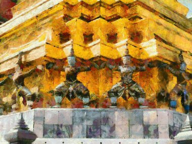 Phra Kaew Tapınağı ve Büyük Saray Bangkok İllüstrasyonları empresyonist bir resim tarzı yaratıyor..