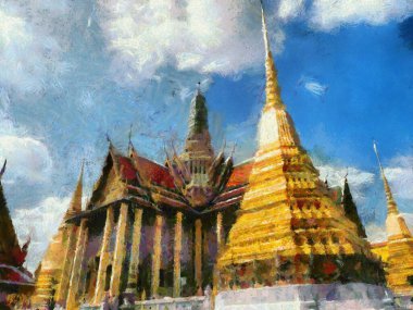 Phra Kaew Tapınağı ve Büyük Saray Bangkok İllüstrasyonları empresyonist bir resim tarzı yaratıyor..