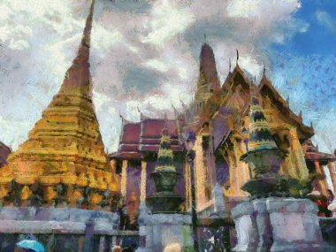 Phra Kaew Tapınağı ve Büyük Saray Bangkok İllüstrasyonları empresyonist bir resim tarzı yaratıyor..