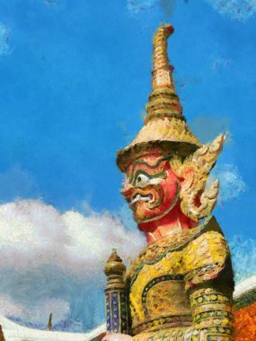 Phra Kaew Tapınağı ve Büyük Saray Bangkok İllüstrasyonları empresyonist bir resim tarzı yaratıyor..