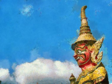 Phra Kaew Tapınağı ve Büyük Saray Bangkok İllüstrasyonları empresyonist bir resim tarzı yaratıyor..