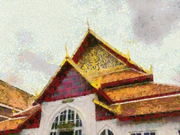 Alte Thailändische Architektur Illustrationen Schafft Einen Impressionistischen Malstil — Stockfoto