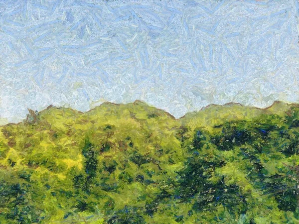 Sky Mountains Forests Illustrations Creates Impressionist Style Painting — Stock Photo, Image