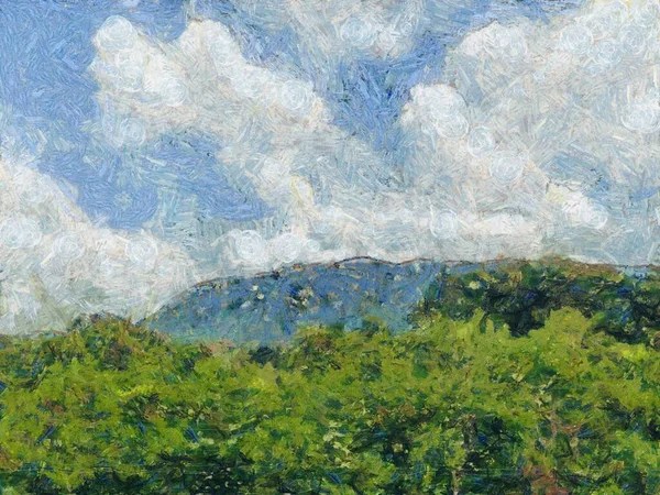 Sky Mountains Forests Illustrations Creates Impressionist Style Painting — Stock Photo, Image
