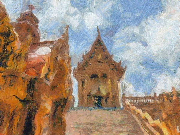 Ancient thai architecture Illustrations creates an impressionist style of painting.