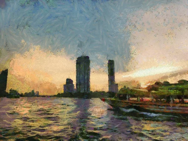 Chao Phraya River Illustrations creates an impressionist style of painting.