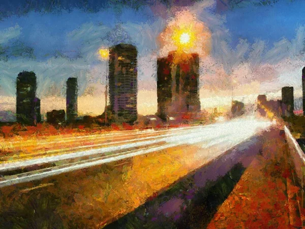 Ponte Città Notte Illustrazioni Crea Uno Stile Impressionista Pittura — Foto Stock