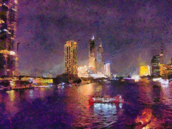 Geceleri Chao Phraya Nehri 'nin manzarası Illustrations, empresyonist bir resim tarzı yaratır..