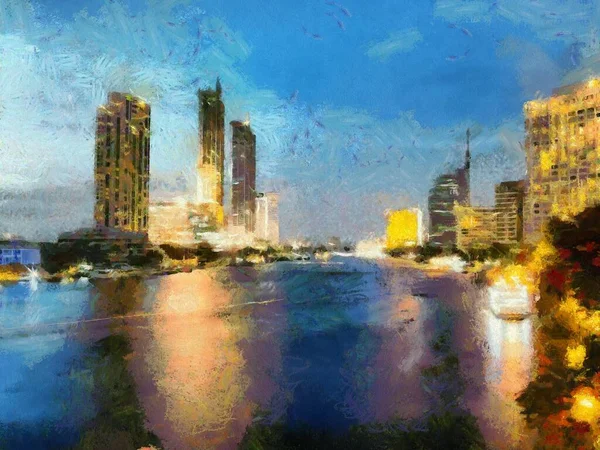 Paesaggio Del Fiume Chao Phraya Notte Illustrazioni Crea Uno Stile — Foto Stock