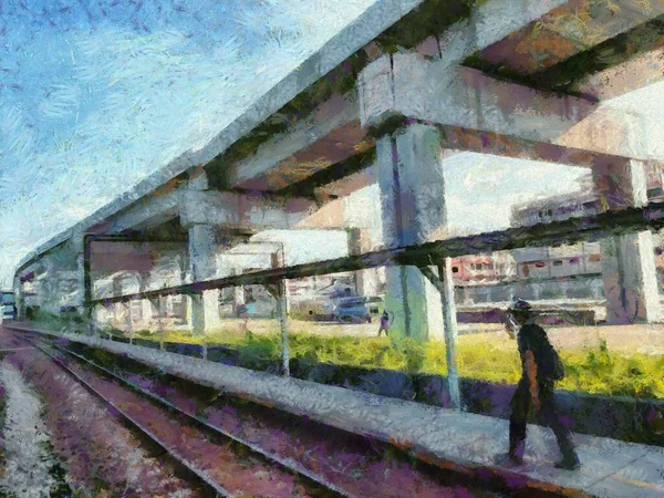 Demiryolu Rayları Gökyüzü Tren Rayları Illustrations Bir Empresyonist Resim Stili — Stok fotoğraf