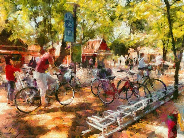Общественная Парковка Велосипедов Парке Illustrations Создает Импрессионистский Стиль Живописи — стоковое фото