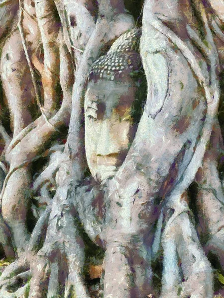 Head Statue Buddha Tree Illustrations Creates Impressionist Style Painting — Stock Photo, Image