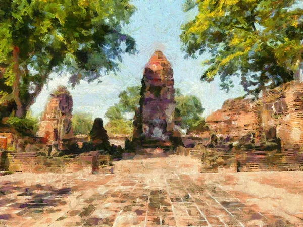 Archeologické Naleziště Ayutthaya Ilustrace Vytváří Impresionistický Styl Malby — Stock fotografie