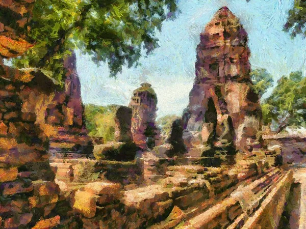 Archaeological Site Ayutthaya Illustrations Creates Impressionist Style Painting — Stock Photo, Image