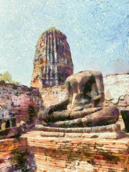 Archaeological Site Ayutthaya Illustrations Creates Impressionist Style Painting — Stock Photo, Image