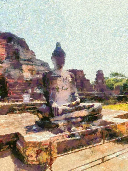 Archeologische Site Ayutthaya Illustraties Creëert Een Impressionistische Stijl Van Schilderen — Stockfoto