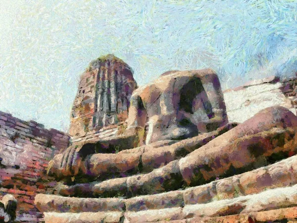 Stanowisko Archeologiczne Ayutthaya Ilustracje Tworzy Impresjonistyczny Styl Malarstwa — Zdjęcie stockowe