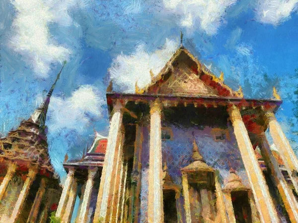 Phra Kaew Temple Grand Palace Bangkok Illusztrációk Létrehoz Egy Impresszionista — Stock Fotó