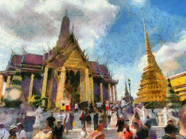 Temple Phra Kaew Grand Palais Bangkok Illustrations Crée Style Impressionniste — Photo