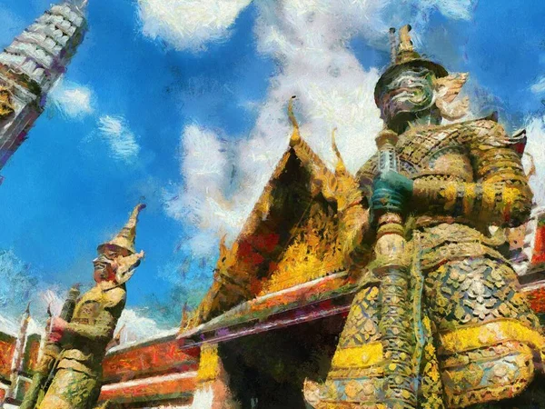 Phra Kaew Temple Gran Palacio Bangkok Illustrations Crea Estilo Impresionista —  Fotos de Stock