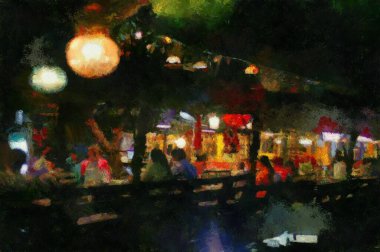 Geceleri açık hava restoranının manzarası Illustrations, empresyonist bir resim tarzı yaratıyor..