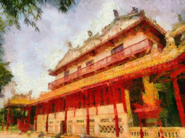 Antik malikane Çin mimari tarzı renkli illüstrasyonlar empresyonist bir resim stili yaratıyor.