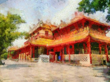 Antik malikane Çin mimari tarzı renkli illüstrasyonlar empresyonist bir resim stili yaratıyor.