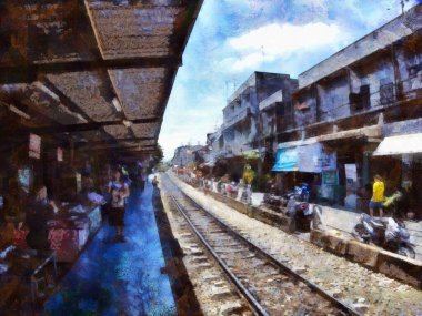 Demiryolu ve eski binalar Illustrations, empresyonist bir resim tarzı yaratıyor..