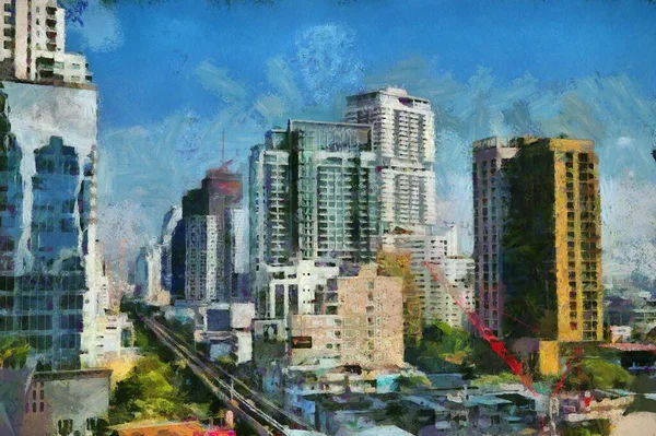 曼谷市中心的风景画创造了一种印象派风格的绘画 — 图库照片