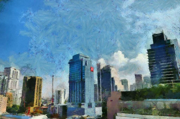 Paisagem Centro Cidade Bangkok Ilustrações Cria Estilo Impressionista Pintura — Fotografia de Stock