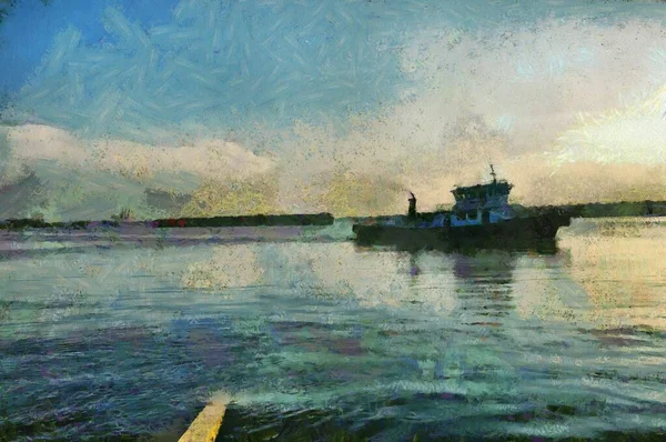 Joenrannan Maisema Kuvitukset Luovat Impressionistisen Maalaustyylin — kuvapankkivalokuva