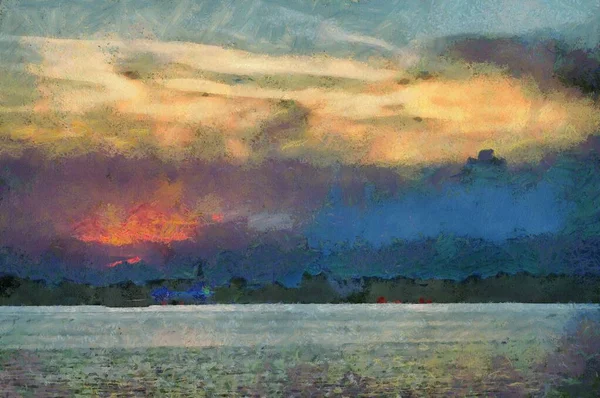 Krajobraz Riverside Ilustracje Tworzy Impresjonistyczny Styl Malarstwa — Zdjęcie stockowe
