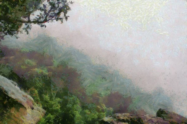 Krajobraz Górski Drzewami Mgłą Ilustracje Tworzy Impresjonistyczny Styl Malarstwa — Zdjęcie stockowe