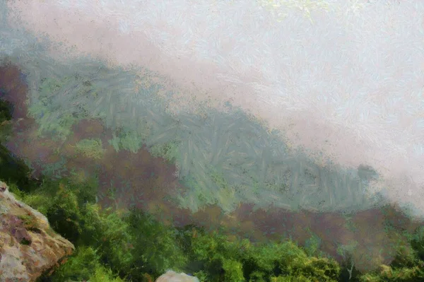 Mountain Landscape Trees Fog Illustrations Creates Impressionist Style Painting — Stock Photo, Image