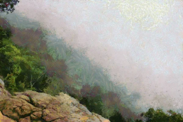 Ağaçlar Sisli Dağ Manzarası Empresyonist Bir Resim Tarzı Yaratır — Stok fotoğraf