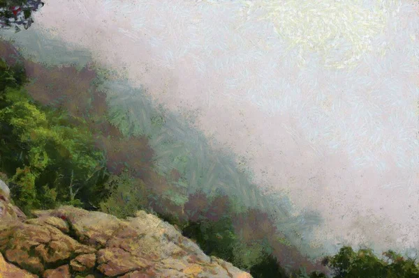 Berglandschaft Mit Bäumen Und Nebel Illustrationen Schafft Einen Impressionistischen Malstil — Stockfoto