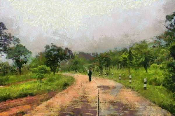 路边有树木的路景图例创造了一种印象派风格的绘画 — 图库照片