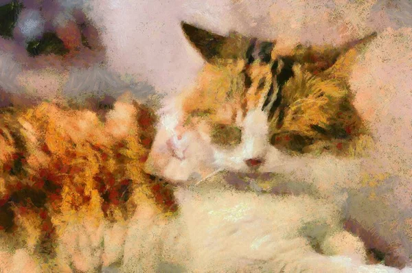 Słodkie Koty Różnych Gestach Ilustracja Tworząc Impresjonistyczne Malarstwo — Zdjęcie stockowe