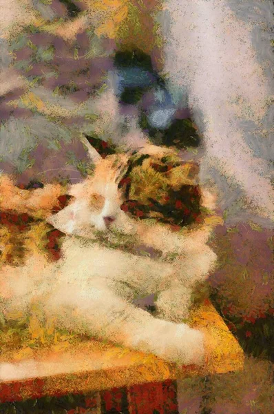 Chats Mignons Dans Divers Gestes Illustration Créant Une Peinture Impressionniste — Photo