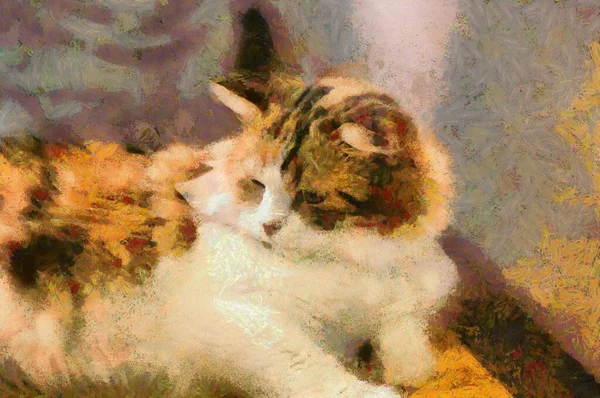 Söta Katter Olika Gester Illustration Skapar Impressionistisk Målning — Stockfoto