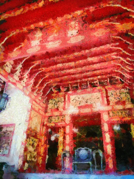 古代豪宅 中国建筑风格 五彩缤纷的图景塑造了一种印象派风格的绘画 — 图库照片