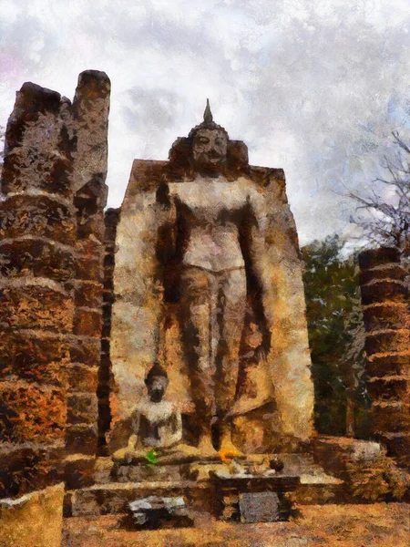 Alte Buddha Statue Illustrationen Schafft Einen Impressionistischen Malstil — Stockfoto