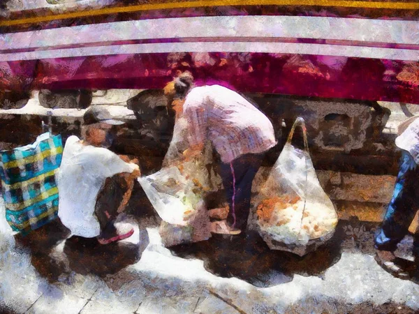 出售传统食品小吃的泰国小贩图解创造了一种印象派风格的绘画 — 图库照片