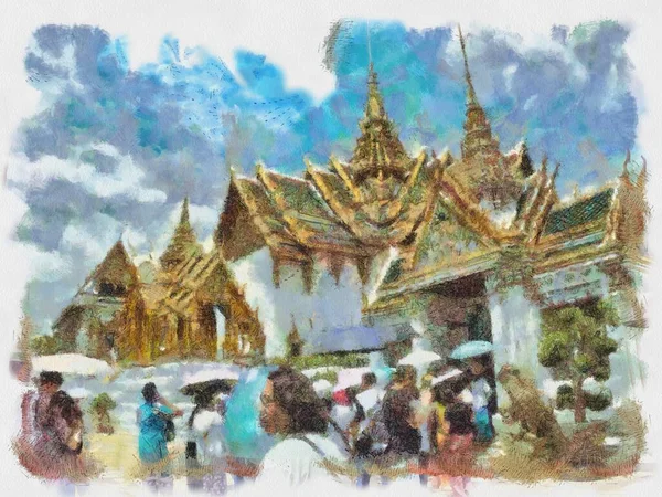 Ілюстрації Великого Палацу Бангкок Створюють Імпресіоністський Стиль Живопису — стокове фото
